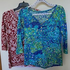 2 💯% Cotton 3/4 Sleeve Summer Print Tees Lilly Pulitzer & Talbots Small